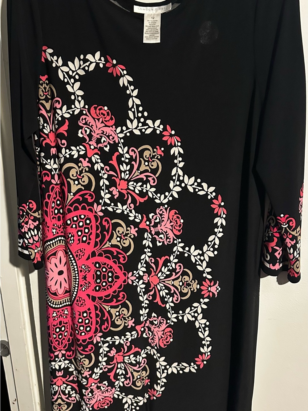 London Times Black Tunic with Pink & Cream Floral Medallion Detail